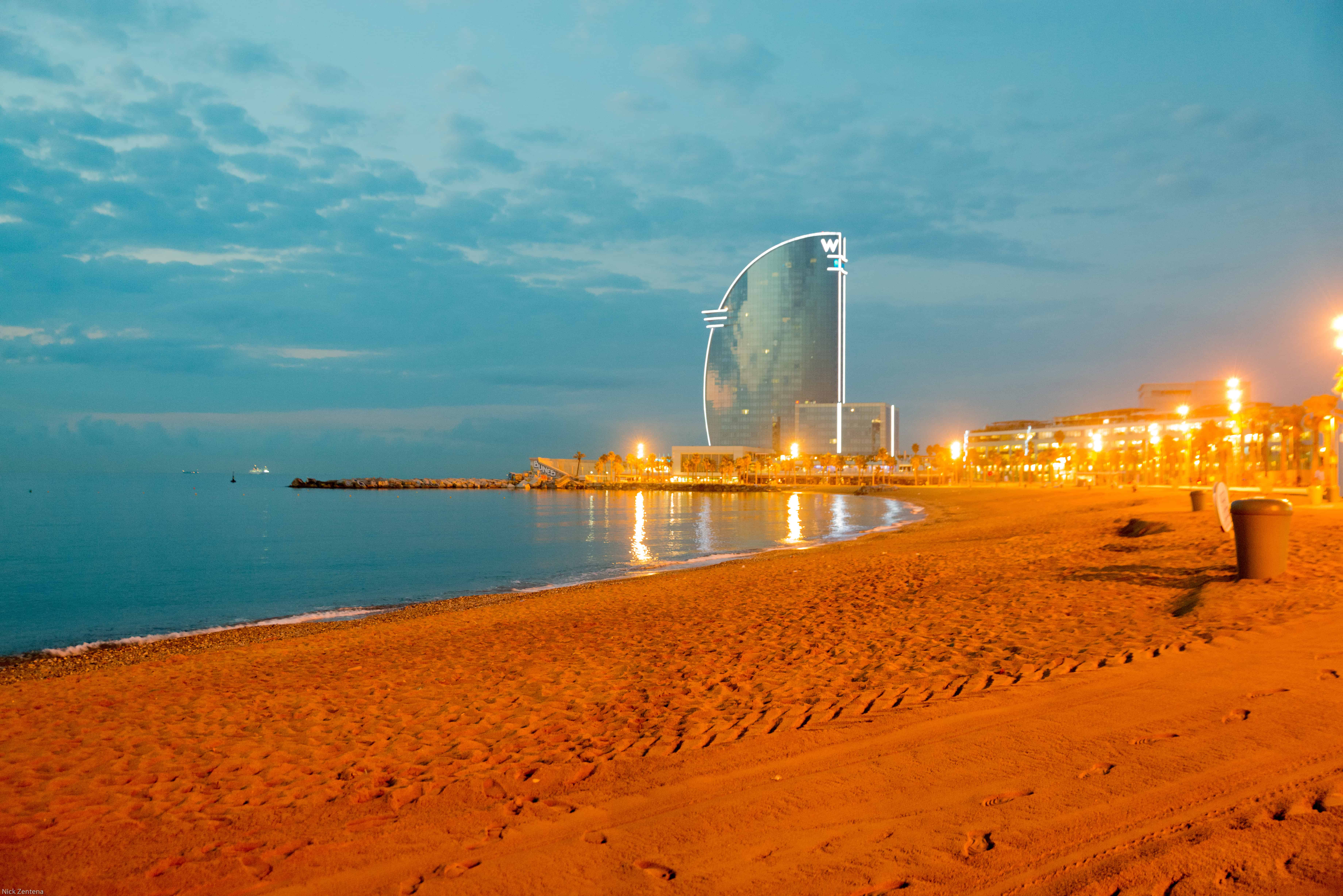 Hotel W Barcelona lit by the sunrise