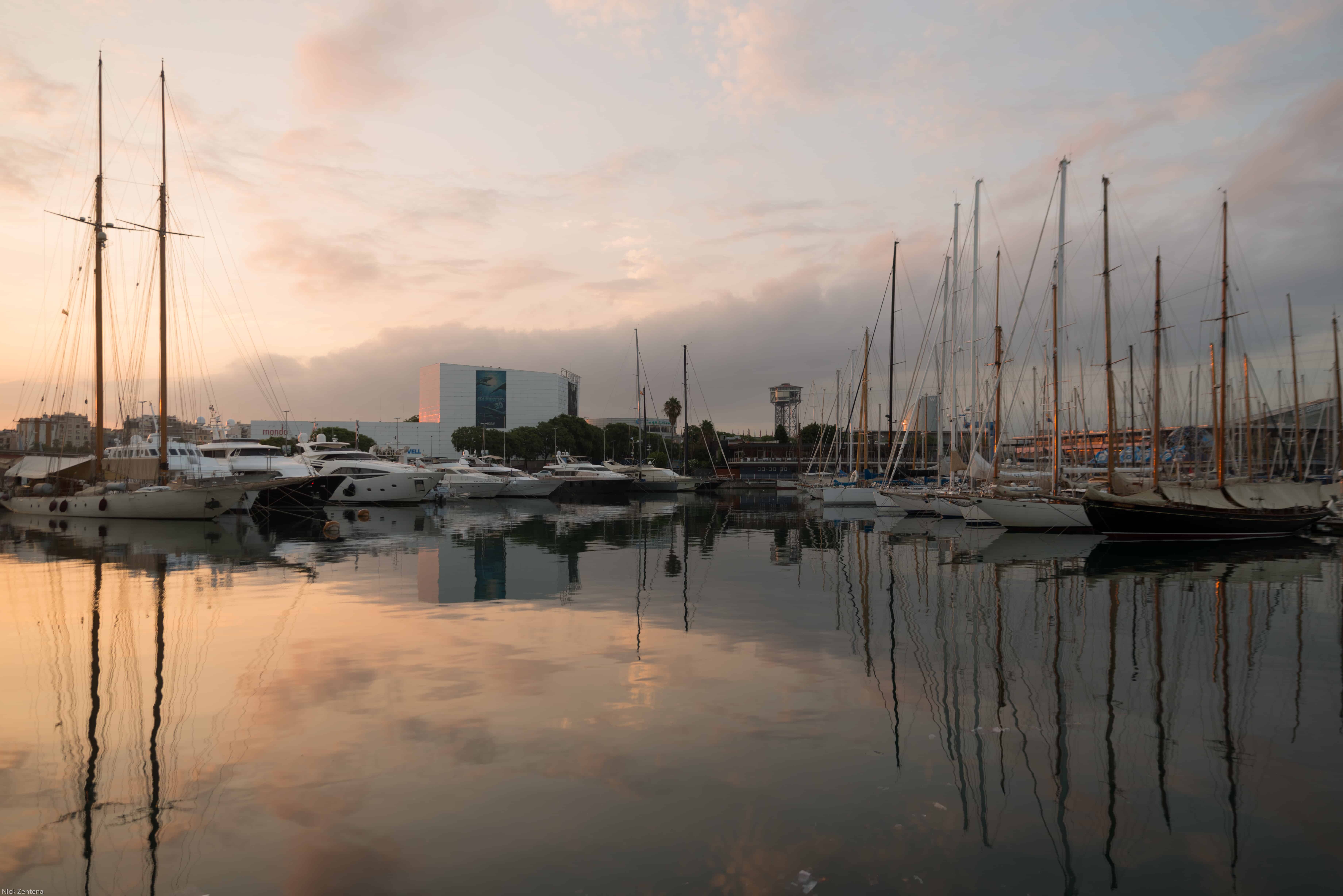 Sailboat harbour with early morning light Barcelona Spain