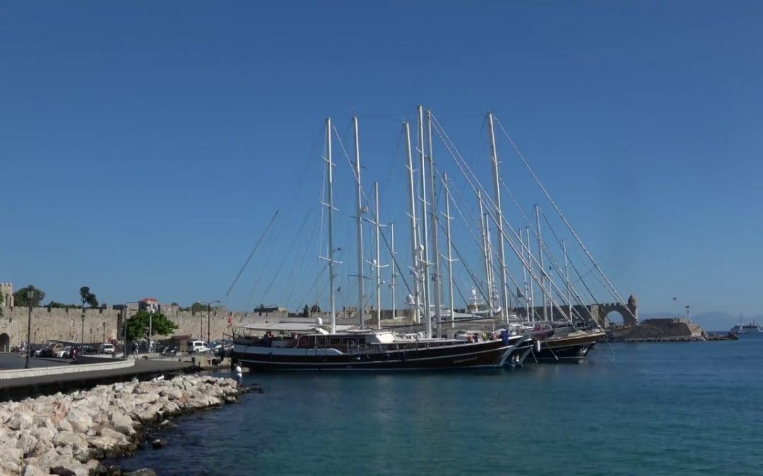 Rhodes harbour Greece sailing ships in 4k