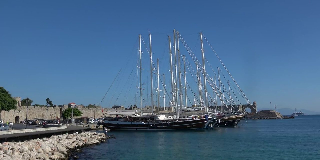 Rhodes harbour Greece sailing ships in 4k